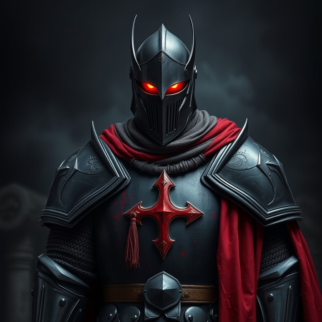 A Black Knight dressed in medieval black knight armor with a reddish tint, giving it a unique look