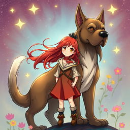 A captivating manhwa illustration of a girl with flowing red hair, standing proudly beside her large magical dog