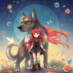 A captivating manhwa illustration of a girl with flowing red hair, standing proudly beside her large magical dog