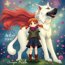 A captivating manhwa illustration of a girl with flowing red hair, standing proudly beside her large magical dog