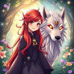 A stylish manhwa illustration featuring a girl with vibrant red hair styled in a long, flowing manner