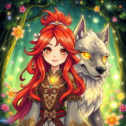 A stylish manhwa illustration featuring a girl with vibrant red hair styled in a long, flowing manner
