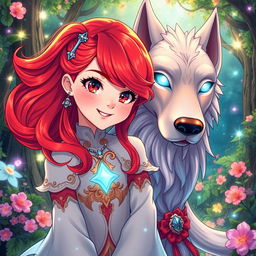 A stylish manhwa illustration featuring a girl with vibrant red hair styled in a long, flowing manner
