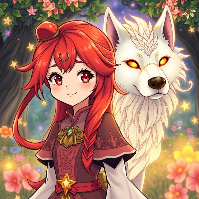 A stylish manhwa illustration featuring a girl with vibrant red hair styled in a long, flowing manner