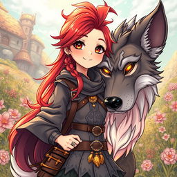 A captivating manhwa manga style illustration featuring a girl with bright red hair styled in a long and lively manner