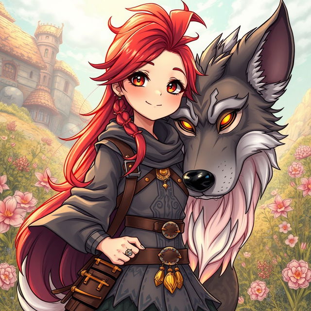 A captivating manhwa manga style illustration featuring a girl with bright red hair styled in a long and lively manner