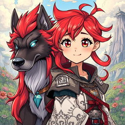 A captivating manhwa manga style illustration featuring a girl with bright red hair styled in a long and lively manner