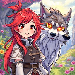 A captivating manhwa manga style illustration featuring a girl with bright red hair styled in a long and lively manner