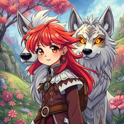 A captivating manhwa manga style illustration featuring a girl with bright red hair styled in a long and lively manner