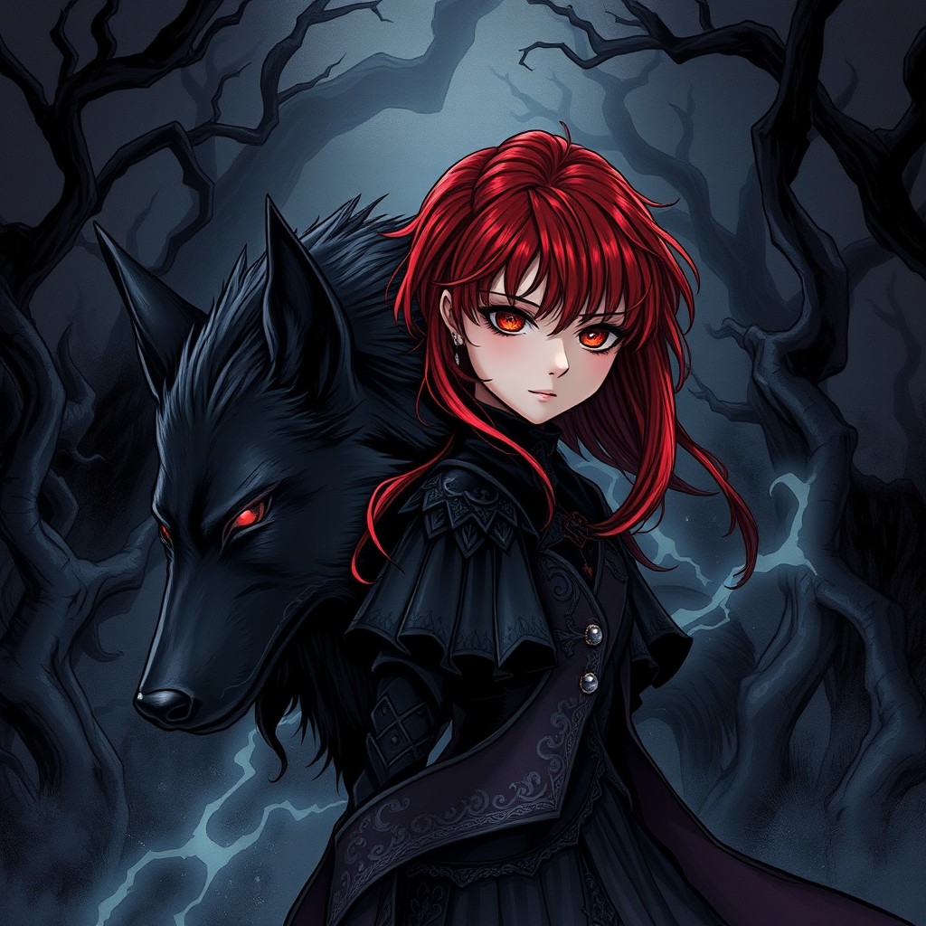 A dark and atmospheric manhwa manga style illustration featuring a girl with striking red hair styled dramatically, cascading down her back