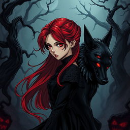 A dark and atmospheric manhwa manga style illustration featuring a girl with striking red hair styled dramatically, cascading down her back