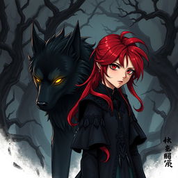 A dark and atmospheric manhwa manga style illustration featuring a girl with striking red hair styled dramatically, cascading down her back