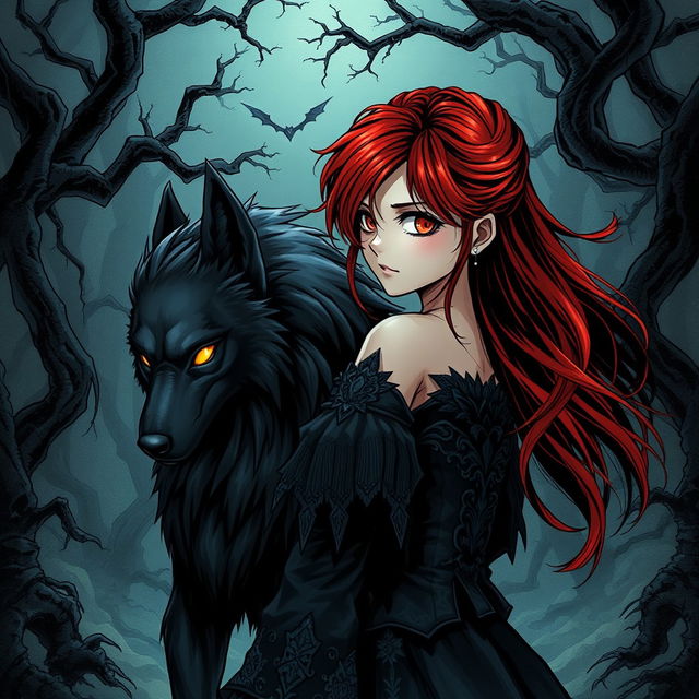 A dark and atmospheric manhwa manga style illustration featuring a girl with striking red hair styled dramatically, cascading down her back