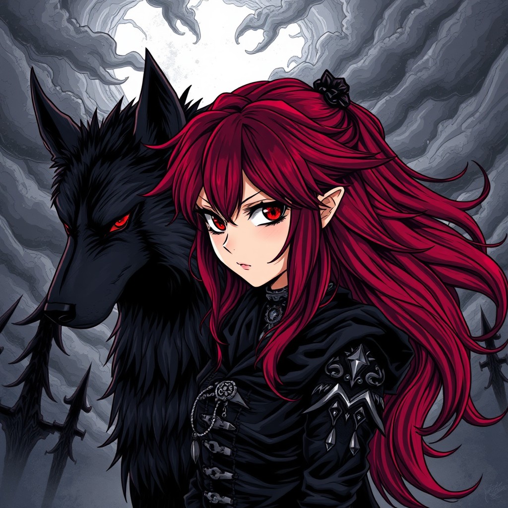 A striking dark manga style illustration featuring a girl with deep red hair that flows dramatically, styled with sharp angles