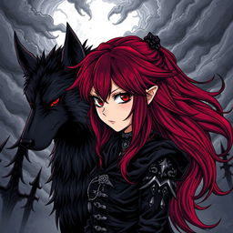 A striking dark manga style illustration featuring a girl with deep red hair that flows dramatically, styled with sharp angles