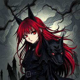 A striking dark manga style illustration featuring a girl with deep red hair that flows dramatically, styled with sharp angles