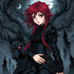 A striking dark manga style illustration featuring a girl with deep red hair that flows dramatically, styled with sharp angles