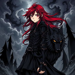 A striking dark manga style illustration featuring a girl with deep red hair that flows dramatically, styled with sharp angles