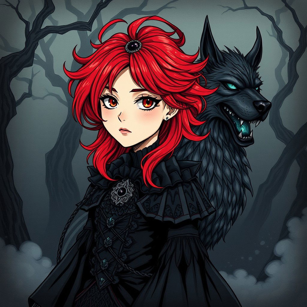 A striking dark manga style illustration with a hand-drawn look, featuring a girl with vibrant red hair, styled dramatically as it cascades around her shoulders