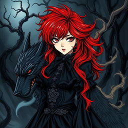 A striking dark manga style illustration with a hand-drawn look, featuring a girl with vibrant red hair, styled dramatically as it cascades around her shoulders
