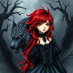 A striking dark manga style illustration with a hand-drawn look, featuring a girl with vibrant red hair, styled dramatically as it cascades around her shoulders