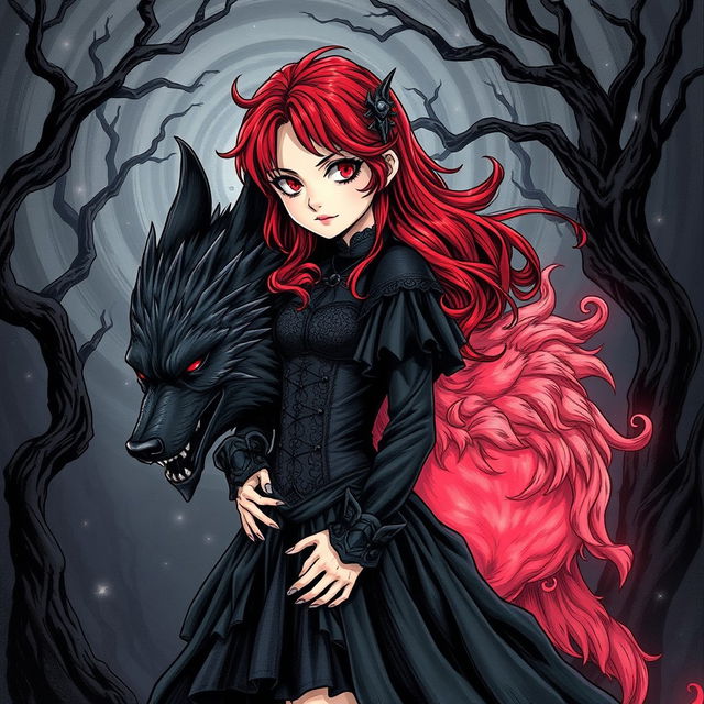 A striking dark manga style illustration with a hand-drawn look, featuring a girl with vibrant red hair, styled dramatically as it cascades around her shoulders