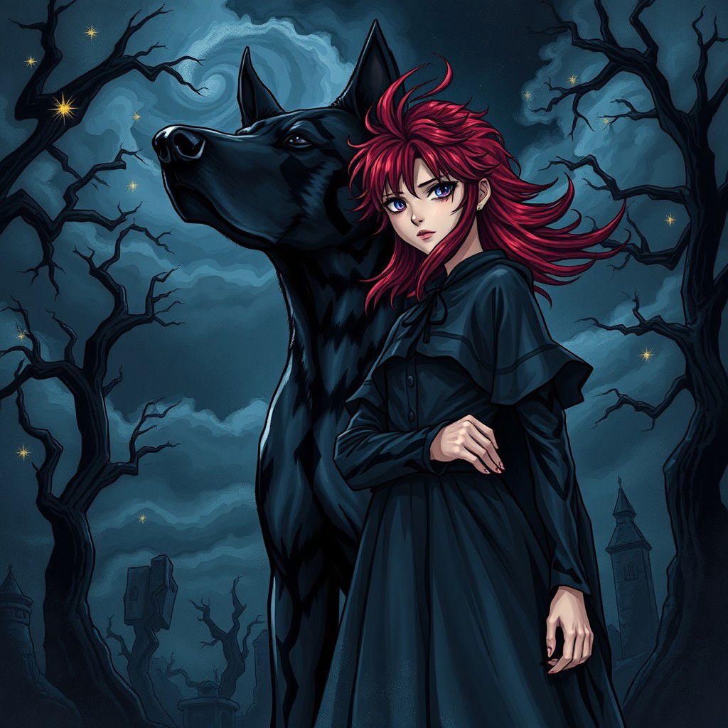 A striking dark fantasy manhwa illustration featuring a girl with deep red hair styled dramatically, set against a moody, atmospheric background