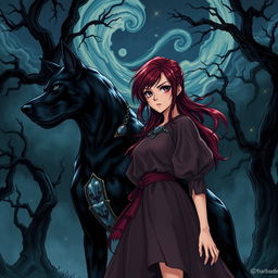 A striking dark fantasy manhwa illustration featuring a girl with deep red hair styled dramatically, set against a moody, atmospheric background