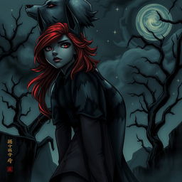 A striking dark fantasy manhwa illustration featuring a girl with deep red hair styled dramatically, set against a moody, atmospheric background