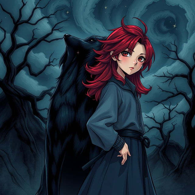 A striking dark fantasy manhwa illustration featuring a girl with deep red hair styled dramatically, set against a moody, atmospheric background