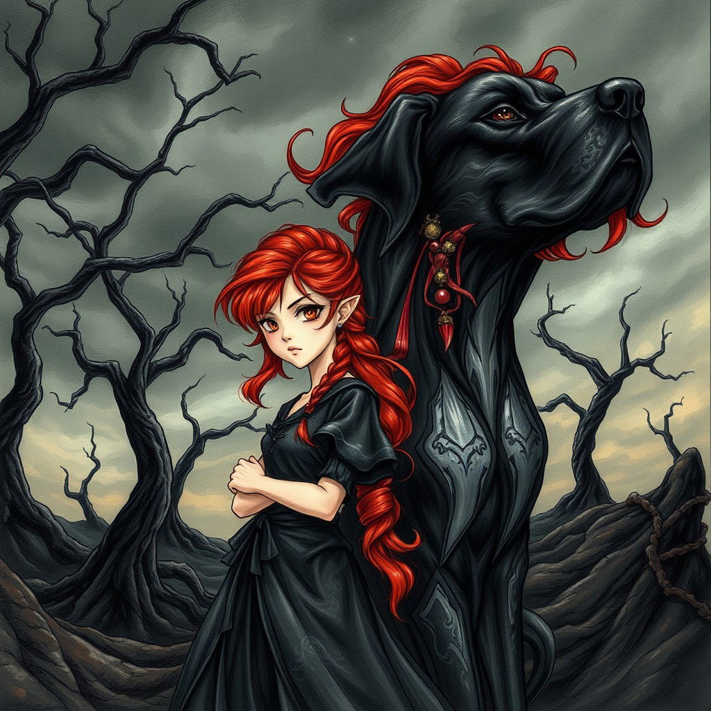 A beautifully hand-drawn dark fantasy manhwa illustration featuring a girl with striking red hair styled in an intricate fashion