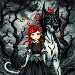 A beautifully hand-drawn dark fantasy manhwa illustration featuring a girl with striking red hair styled in an intricate fashion