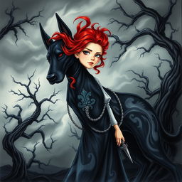 A beautifully hand-drawn dark fantasy manhwa illustration featuring a girl with striking red hair styled in an intricate fashion