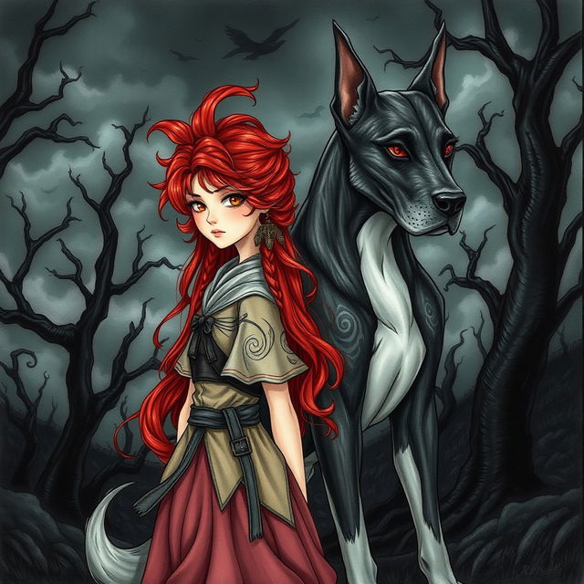A beautifully hand-drawn dark fantasy manhwa illustration featuring a girl with striking red hair styled in an intricate fashion