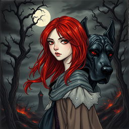 A beautifully hand-drawn dark fantasy manhwa illustration featuring a girl with striking red hair, depicted in an emotional and mysterious manner
