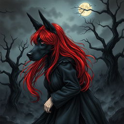 A beautifully hand-drawn dark fantasy manhwa illustration featuring a girl with striking red hair, depicted in an emotional and mysterious manner