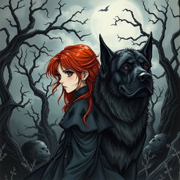A beautifully hand-drawn dark fantasy manhwa illustration featuring a girl with striking red hair, depicted in an emotional and mysterious manner