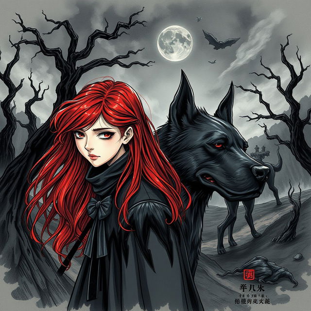 A beautifully hand-drawn dark fantasy manhwa illustration featuring a girl with striking red hair, depicted in an emotional and mysterious manner