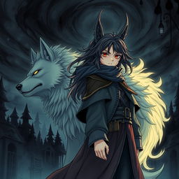 A captivating dark fantasy manga illustration featuring a girl with striking features and flowing hair, embodying an air of mystery and strength