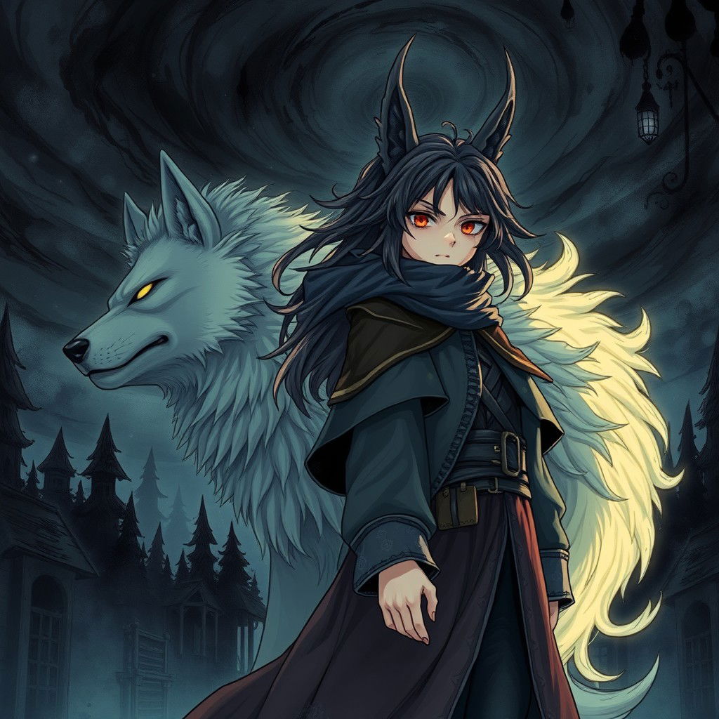 A captivating dark fantasy manga illustration featuring a girl with striking features and flowing hair, embodying an air of mystery and strength