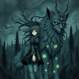 A captivating dark fantasy manga illustration featuring a girl with striking features and flowing hair, embodying an air of mystery and strength