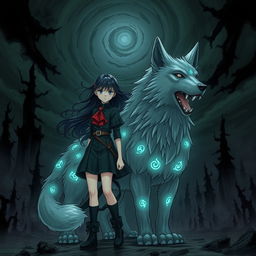 A captivating dark fantasy manga illustration featuring a girl with striking features and flowing hair, embodying an air of mystery and strength