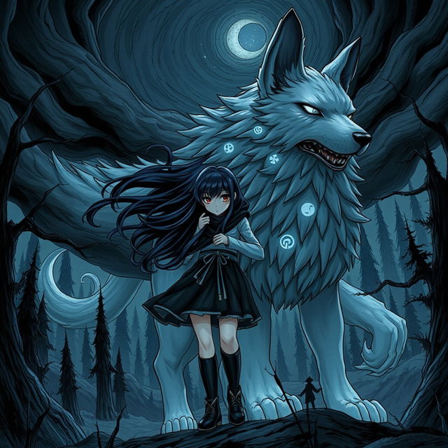 A captivating dark fantasy manga illustration featuring a girl with striking features and flowing hair, embodying an air of mystery and strength