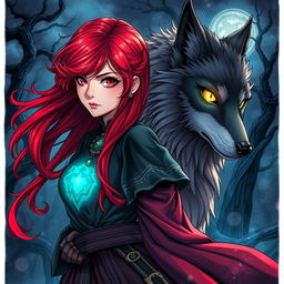 A mesmerizing dark fantasy manga illustration featuring a girl with vibrant red hair that flows elegantly around her shoulders