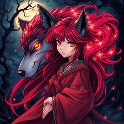A mesmerizing dark fantasy manga illustration featuring a girl with vibrant red hair that flows elegantly around her shoulders