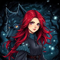 A mesmerizing dark fantasy manga illustration featuring a girl with vibrant red hair that flows elegantly around her shoulders