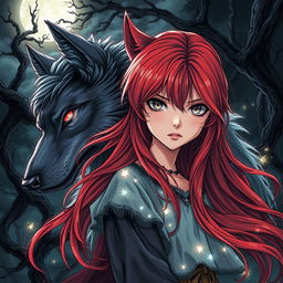 A mesmerizing dark fantasy manga illustration featuring a girl with vibrant red hair that flows elegantly around her shoulders