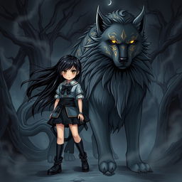 A striking dark fantasy manga illustration featuring a girl with dramatic features and flowing hair, standing confidently next to a large magical dog that exudes a sense of power and wisdom
