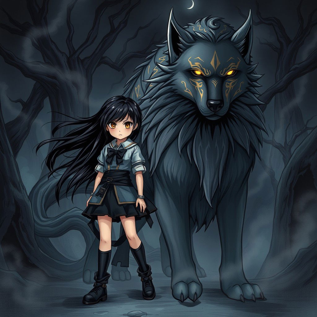 A striking dark fantasy manga illustration featuring a girl with dramatic features and flowing hair, standing confidently next to a large magical dog that exudes a sense of power and wisdom