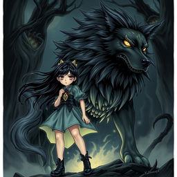 A striking dark fantasy manga illustration featuring a girl with dramatic features and flowing hair, standing confidently next to a large magical dog that exudes a sense of power and wisdom